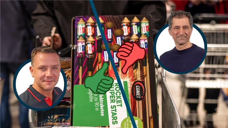 Eine Montage: Zusehen sind die Verpackung von Feuerwerkskörpern und zwei Fotos von zwei Männern, die neben einem Daumen nach unten und einem Daumen nach oben platziert sind.