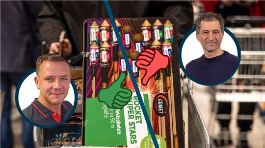 Eine Montage: Zusehen sind die Verpackung von Feuerwerkskörpern und zwei Fotos von zwei Männern, die neben einem Daumen nach unten und einem Daumen nach oben platziert sind.