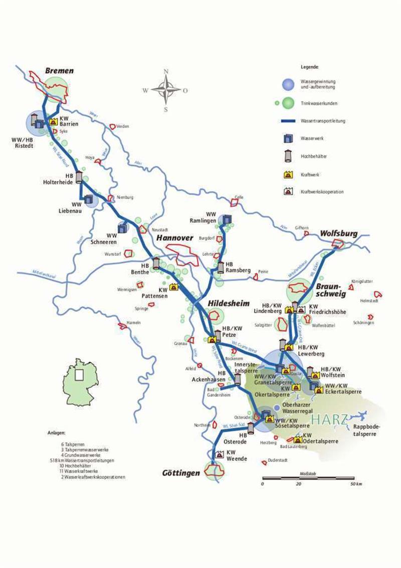 Über ein 520 Kilometer langes Leitungssystem wird der Norden von den Harzwasserwerken mit Trinkwasser aus dem Harz versorgt.