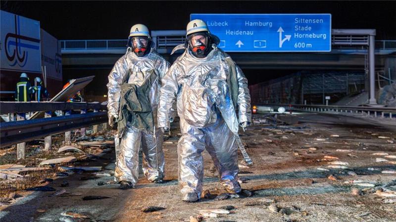 Überall Fische auf der Fahrbahn: Bei dem Unfall auf der A1 mussten Feuerwehrleute die Unfallstelle zunächst in speziellen Schutzanzügen sichern. 