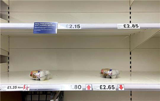 Übersichtliches Angebot im Eierregal einer Tesco-Filiale in Ashford. Tesco hat sich anderen Supermärkten angeschlossen und die Anzahl der Eierkartons, die Kunden kaufen können, begrenzt, da die Auswirkungen der steigenden Kosten und der Vogelgrippe weiterhin ihren Tribut fordern.