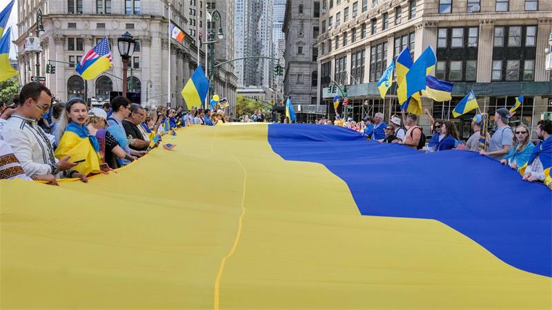 Ukrainische Flaggen werden beim jährlichen ukrainischen Unabhängigkeitsmarsch in New York gehalten.