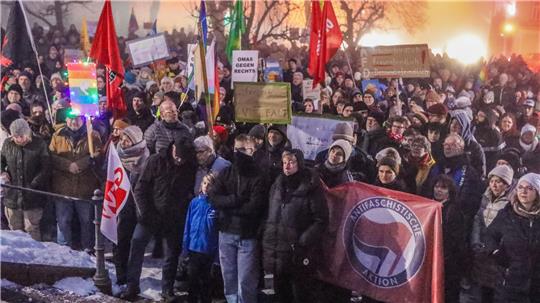 Um die 500 Menschen protestieren nach Angaben der Organisatoren Mitte Januar vor dem Schloss, als dort das erste „Harzburger Treffen“ der AfD stattfindet.