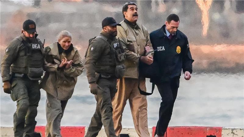 Umgeben von schwer bewaffneten Sicherheitskräften treffen der gefangen genommene venezolanische Präsident Nicolas Maduro (2.v.r) und seine Frau Cilia Flores (2.v.l) am Wall Street Heliport im New Yorker Stadtbezirk Manhattan ein. 