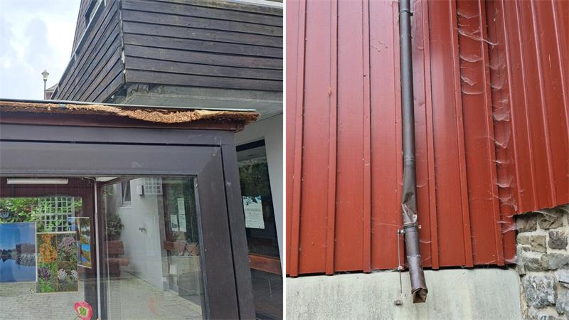 Zwei Fassadendetails mit beschädigten Dachkanten und einem verbogenen Fallrohr an Gebäuden mit Holzverkleidung.