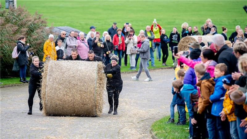 Und Action: Das Team „Die Strohstürmer“ rollt bei der Strohballen-Rollmeisterschaft einen Strohballen den Deich hinauf. 