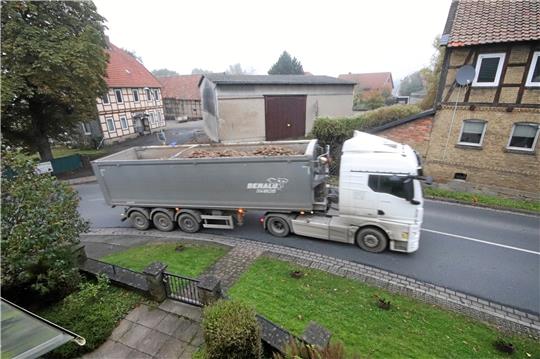 Und wieder brummt einer der Rübenlaster durch die engen Kurvenvon Neuenkirchen hinauf in Richtung Zuckerfabrik. Die Kampagne dauert noch bis weit ins neue Jahr hinein. Foto: Gereke