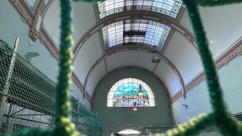 Dieser Mann will Bad Harzburgs Bahnhof retten Unter das Dach kommt erst einmal ein Netz, das vor herabfallenden Scheiben schützt. Später sollen die Fensterelemente saniert werden.