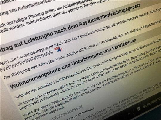 Unterkünfte für geflüchtete Ukrainer: Meldebogen für Wohnungsangebote auf der Internetseite des Landkreises Goslar.  Foto: Stade