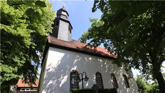 Kirche vor blauen Himmel, von mächtigen Bäumen umgeben.