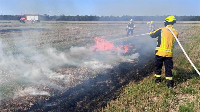 Das Bild zeigt einen Feuerwehrmann, der ein brennendes Feld löscht. 