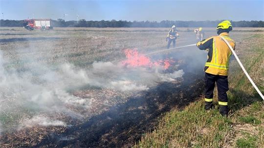 Das Bild zeigt einen Feuerwehrmann, der ein brennendes Feld löscht. 