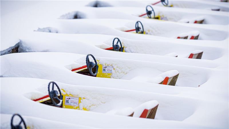 Verschneite Tretboote liegen im zugefrorenen Maschsee