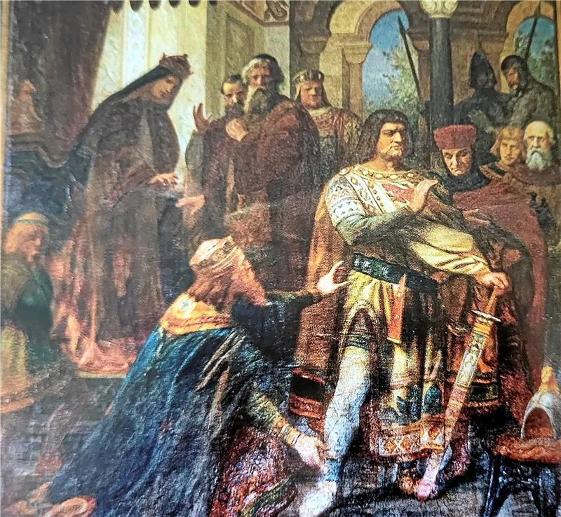 Viel selbstbewusster geht es nicht: Heinrich der Löwe lässt sich auf diesem Gemälde von Kaiser Friedrich Barbarossa beknien.  Foto: Rappmann