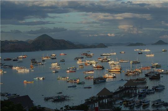 Viele Boote liegen in der Bucht am Hafen von Labuan Bajo, Tor zum Komodo-Nationalpark. Der indonesische Präsident Joko Widodo empfängt dort diese Woche die Staats- und Regierungschefs des Verbands Südostasiatischer Nationen zu ihrem jährlichen Gipfel.