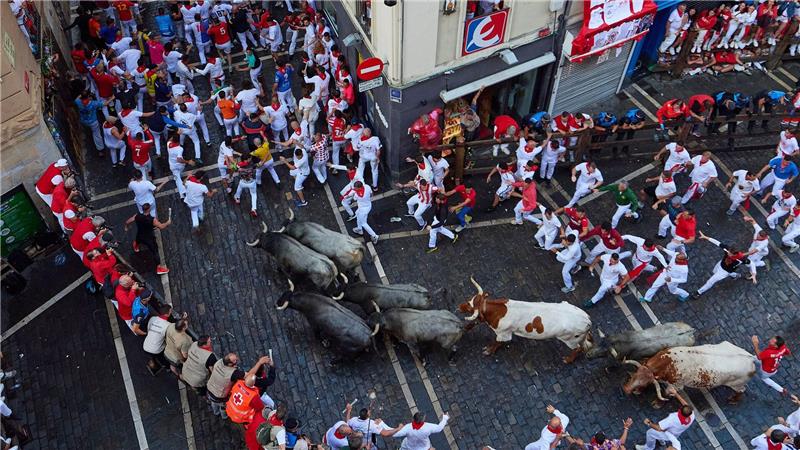Fünf Verletzte bei Stierlauf in Pamplona Viele Läufer versuchen, vor oder neben den Bullen mitzulaufen und sie möglichst auch zu berühren.