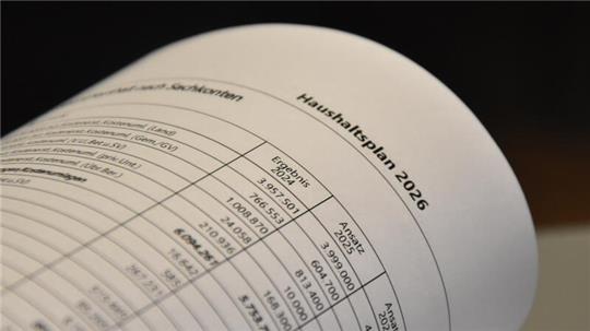 Nahaufnahme eines gedruckten Haushaltsplans 2026 mit Tabellen und Zahlen