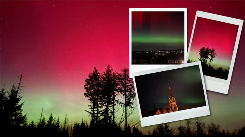 Vier Aufnahmen von Polarlichtern über dem Landkreis Goslar zeigen grün-rote Lichtschleier am nächtlichen Himmel über dem Harz.