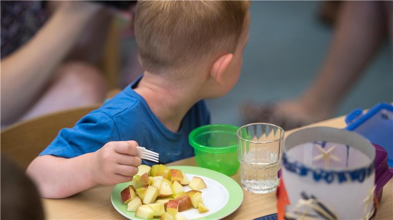 Ein Kindergartenkind isst einen aufgeschnittenen Apfel.