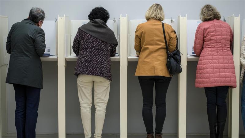 Vier Personen stehen an Wahlkabinen und füllen Stimmzettel aus