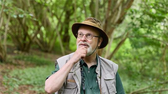 Vogelstimmenimitator Uwe Westphal beim Beobachten im Harburger Forst. (Archivbild)