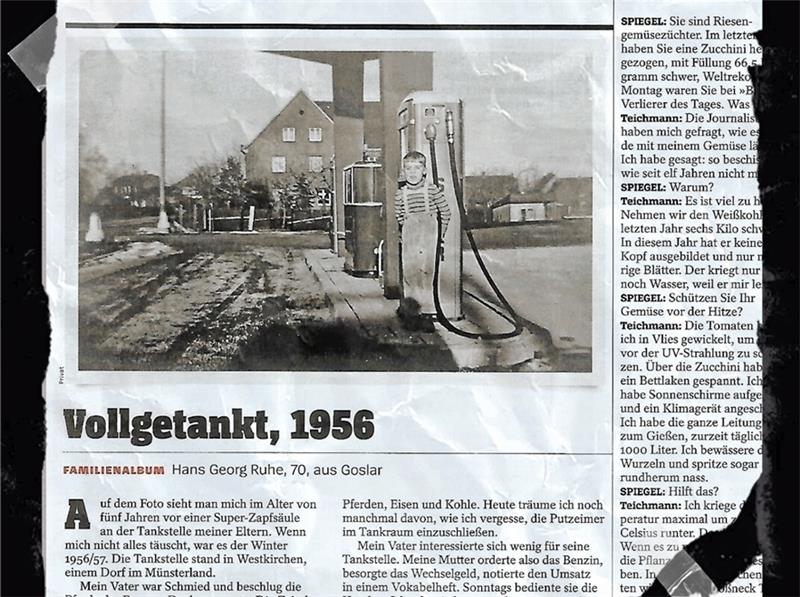 Hans Georg Ruhe: Zweiter Goslarer im „Spiegel“-Familienalbum Vollgetankt an der Bundesstraße 475 im münsterländischen Westkirchen: Hans Georg Ruhe reist für seinen Beitrag im „Spiegel“-Familienalbum in der Zeit weit zurück bis ins Jahr 1956. Foto Privat; Montage: Sowa