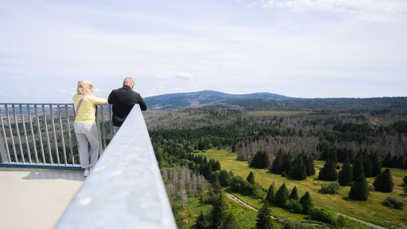 Vom Turm aus ist auch der Brocken zu sehen, der höchste Berg im Harz.