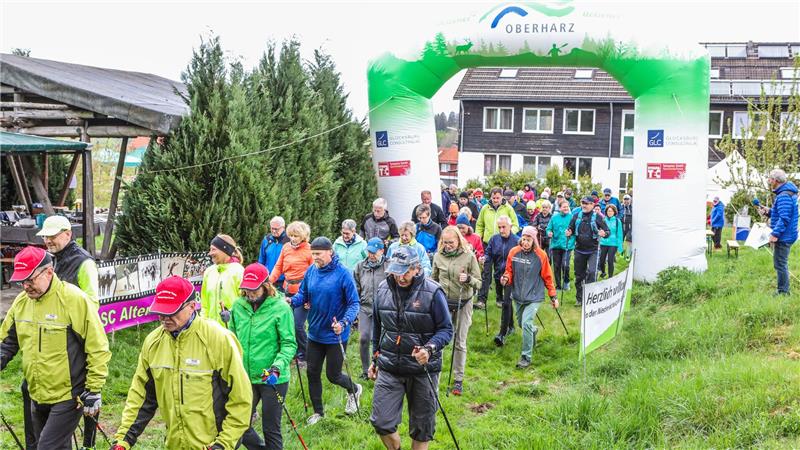 Oberharzer Nordic-Walker-Cup: 124 Starter trotzen dem Regen Vom leichten Regen lassen sich die Teilnehmer des Nordic-Walking-Cups in Altenau nicht stören.