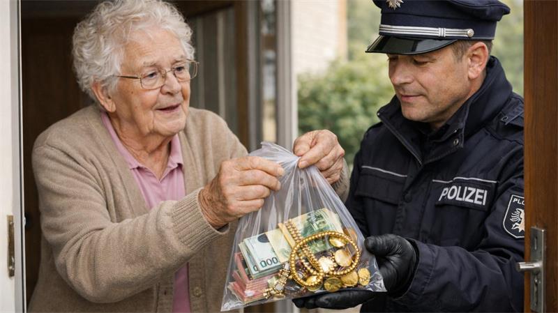 Eine ältere Dame übergibt einem Polizisten eine Tüte mit Geld und Schmuck.