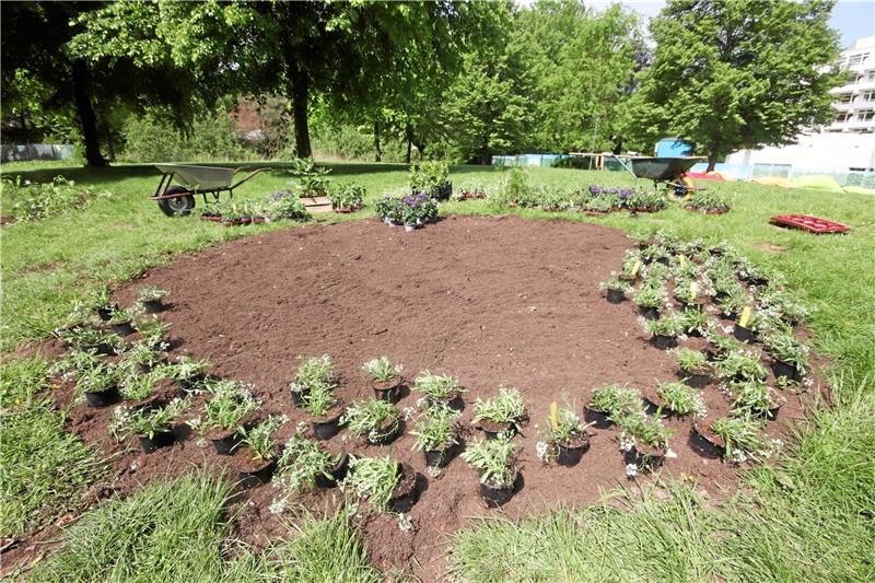 Landesgartenschau Bad Gandersheim zieht Sommerkleid an Vor dem Einpflanzen werden die Blumen entsprechend des Plans im Beet verteilt. Foto: Gereke