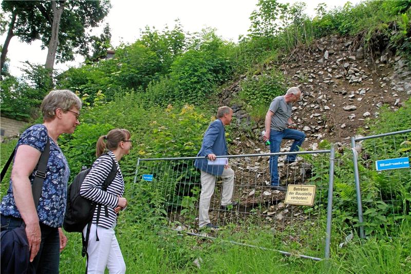 Vor der Lücke in der Mauer: Welche Schritte als nächste einzuleiten sind, legten Karen Ullrich von der Unteren Denkmalschutzbehörde des Landkreises Goslar, Katharina Malek vom Niedersächsischen Landesamt für Denkmalpflege (v.l.) und KTW-Chef Bernd Vollrodt (2.v.r.) fest. Ausführender Bauunternehmer Uwe Bartel gibt Anregungen.  Foto: Potthast