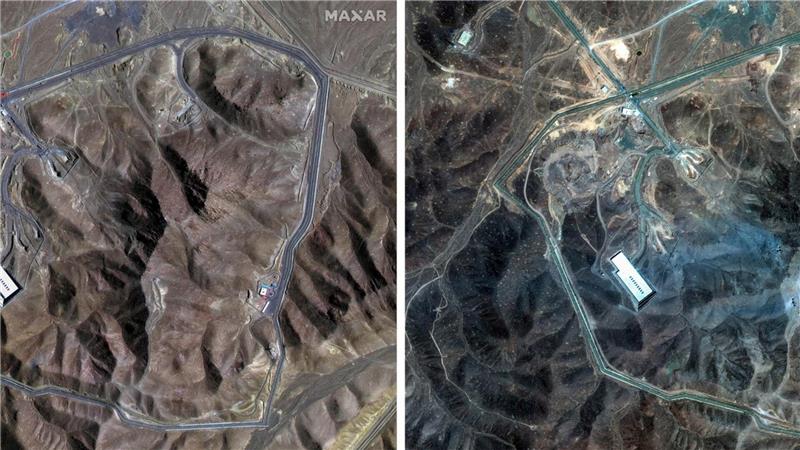 USA bombardieren Atomanlagen im Iran - Angst vor Eskalation Vorher/Nachher: Der Einschlag von US-Bomben in der iranischen Atomanlage Fordo ist aus dem Weltall sichtbar.