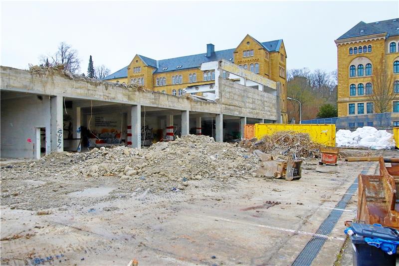 Während über die Halle neu diskutiert wird, läuft der Abriss der Bundesgrenzschutz-Bauten im Pfalzquartier weiter. Foto: Epping