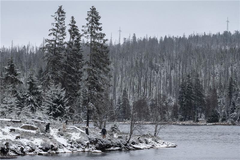 Winterwetter in Deutschland mit Schnee und Kälte Wanderer gehen am leicht verschneiten Oderteich im Harz spazieren.