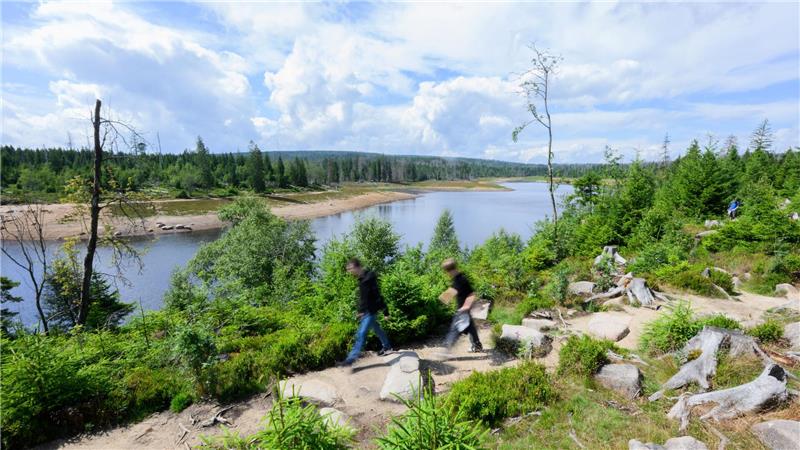 Der Harz punktet mit zahlreichen Routen über mehrere Landkreise Wanderer sind auf dem Harzer-Hexenstieg am Ostufer des Oderteiches unterwegs und nutzen die Brockenumgehung.