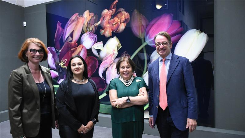 Was für ein ästhetischer Hochkaräter: Gut gelaunt und voller Freude eröffnen am Sonntag (v.li.) Direktorin Dr. Bettina Ruhrberg, Kuratorin Tereza de Arruda, Künstlerin Luzia Simons und Kunstvereins-Vorsitzender Florian Haacke die Ausstellung „En passant“ im Mönchehaus.