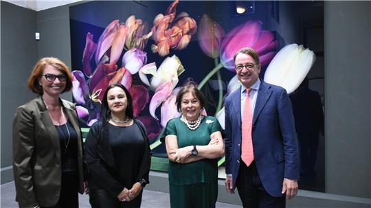 Was für ein ästhetischer Hochkaräter: Gut gelaunt und voller Freude eröffnen am Sonntag (v.li.) Direktorin Dr. Bettina Ruhrberg, Kuratorin Tereza de Arruda, Künstlerin Luzia Simons und Kunstvereins-Vorsitzender Florian Haacke die Ausstellung „En passant“ im Mönchehaus.