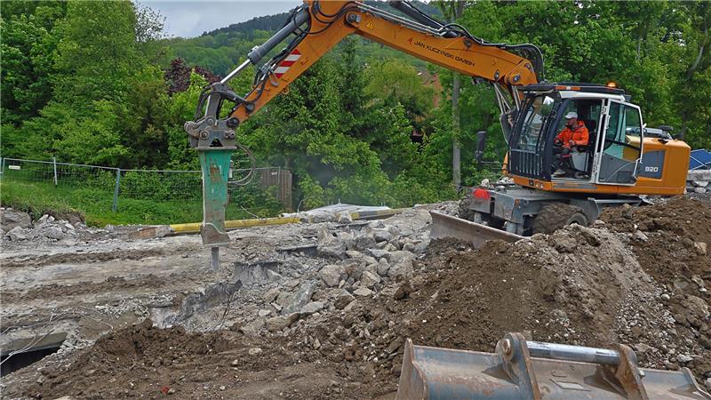 Bagger mit Hydraulikhämmer auf einer Baustelle vor bewaldetem Hügel