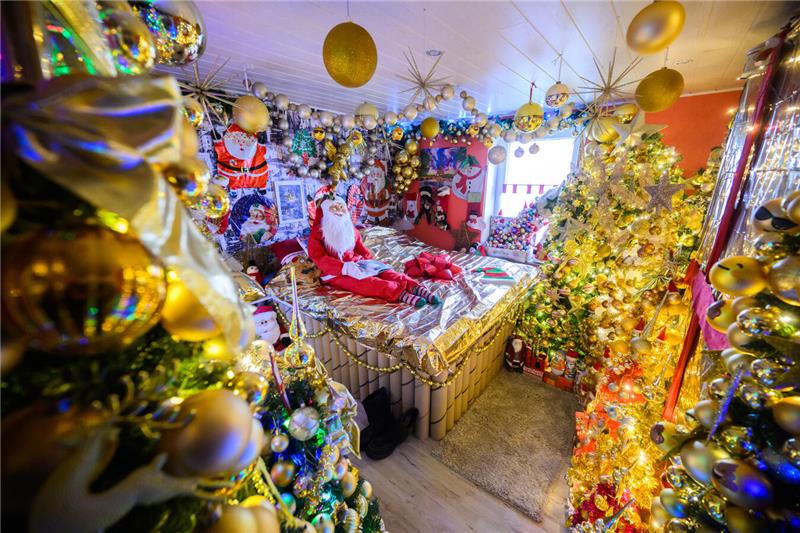 Weihnachtsbäume stehen im Gästezimmer im Haus der Familie Jeromin.