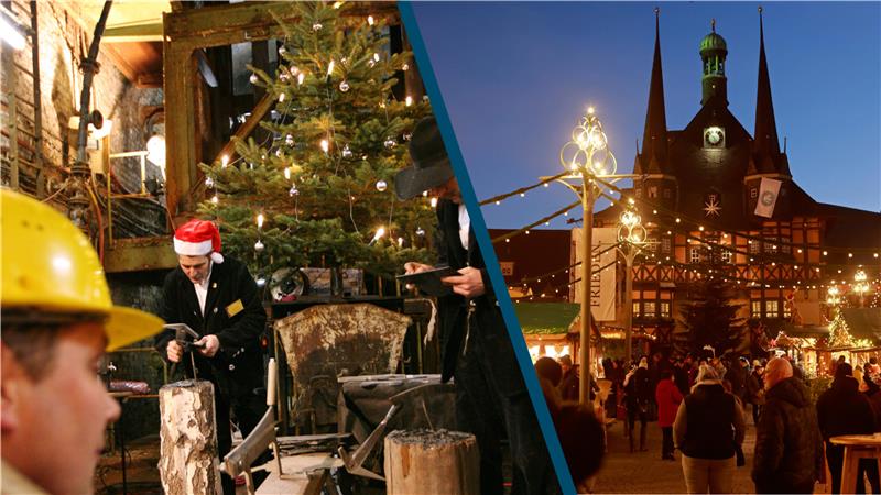 Ein Bergwerksbesucher mit Helm beobachtet am Sonntag (16.12.2007) im Museum und Besucherbergwerk Rammelsberg in Goslar Zimmerleute, die Weihnachtsschmuck aus Schieferplatten herstellen. Und: Menschen gehen über den Weihnachtsmarkt in Wernigerode.