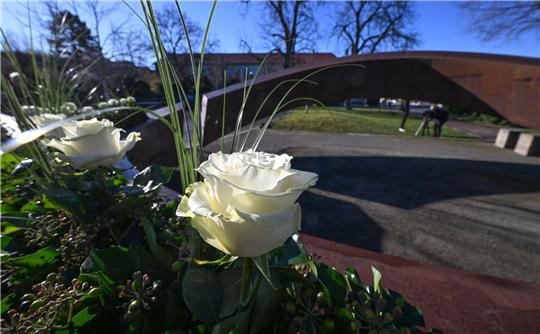 Weiße Rosen stehen an der Gedenkstätte "Gebrochener Ring" einer Schule in Winnenden. Damit wird den 16 Toten des Amoklaufs gedacht.