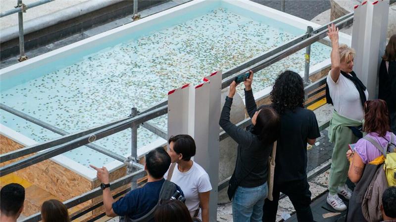 Wenige Stunden nach dem Aufbau des Pools lagen bereits zahlreiche Münzen im Wasser.