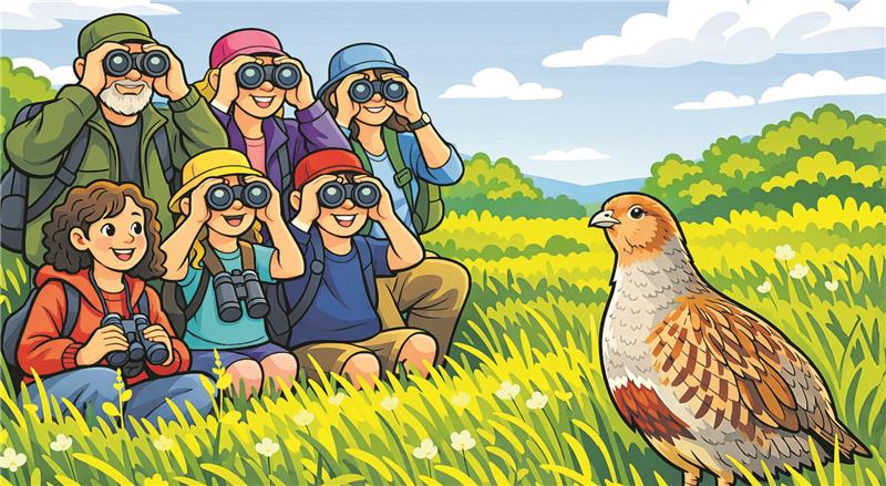 Eine Grafik zeigt sechs Menschen mit einem Fernglas, die ein Rebhuhn beobachten.