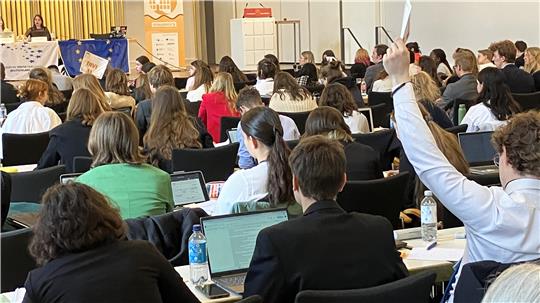 Rund 150 Jugendliche aus Deutschland und ganz Europa debattieren bei der Nationalen Auswahlsitzung des Europäischen Jugendparlaments über europapolitische Themen in Osnabrück. Ein Schüler hebt die Hand.