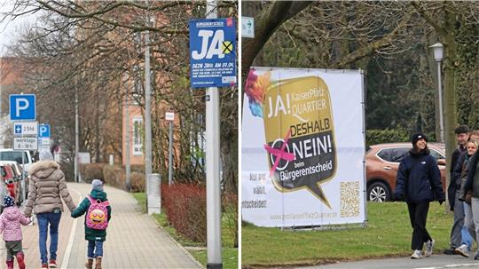 Wer nicht will, dass die Stadt für die Stadthalle eigenes Geld ausgeben soll, muss „Ja“ ankreuzen. So lautet die Plakat-Aussage der Bürgerentscheid-Initiatoren. Wer das Pfalzquartier haben will, muss beim Bürgerentscheid mit „Nein“ stimmen: Diese Botschaft sendet der Förderverein mit seinen Plakaten. Fotos: Epping