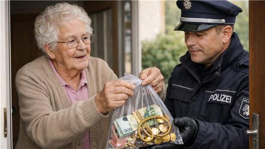 Wie auf diesem KI-generierten Bild ist es erst neulich wieder vorgekommen: Eine Seniorin übergibt einem Polizisten ihre Wertsachen. Nur: Ist das überhaupt ein echter Polizist?
