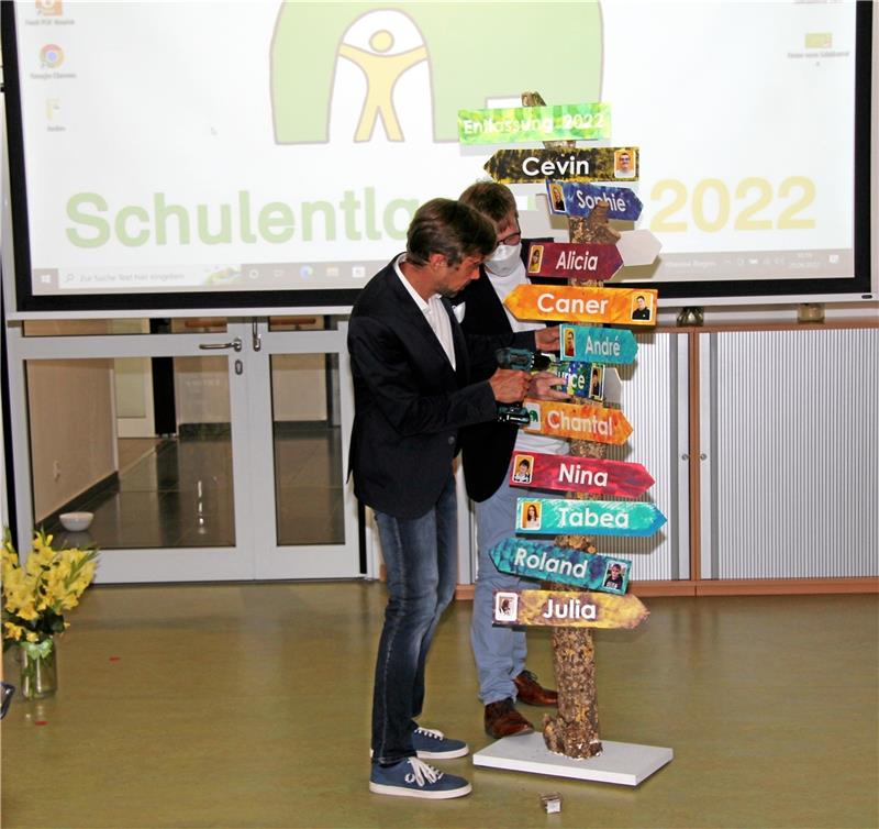 13 Harlyschüler verabschieden sich Wie geht es weiter? Ein Wegweiser zeigt 15 Wege ins Leben. Fotos: Hohaus