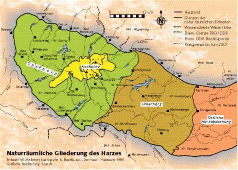 Wie kleinteilig der Harz, und wie eng gefasst der Oberharz ist, zeigt die naturräumliche Gliederung.