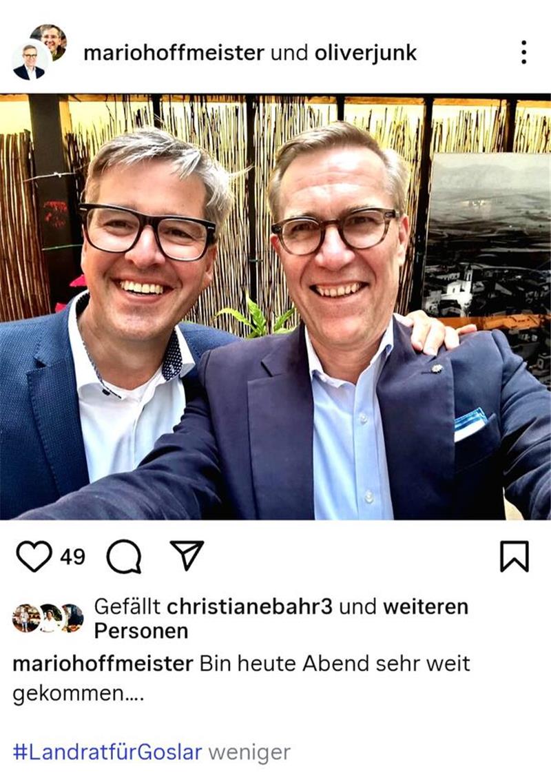 Will einer von beiden Landrat in Goslar werden? Der gemeinsame Instagram-Post von Dr. Oliver Junk (l.) und dem CDU-Stadtverbandsvorsitzenden Mario Hoffmeister scheint dies nahezulegen. Foto: Instagram
