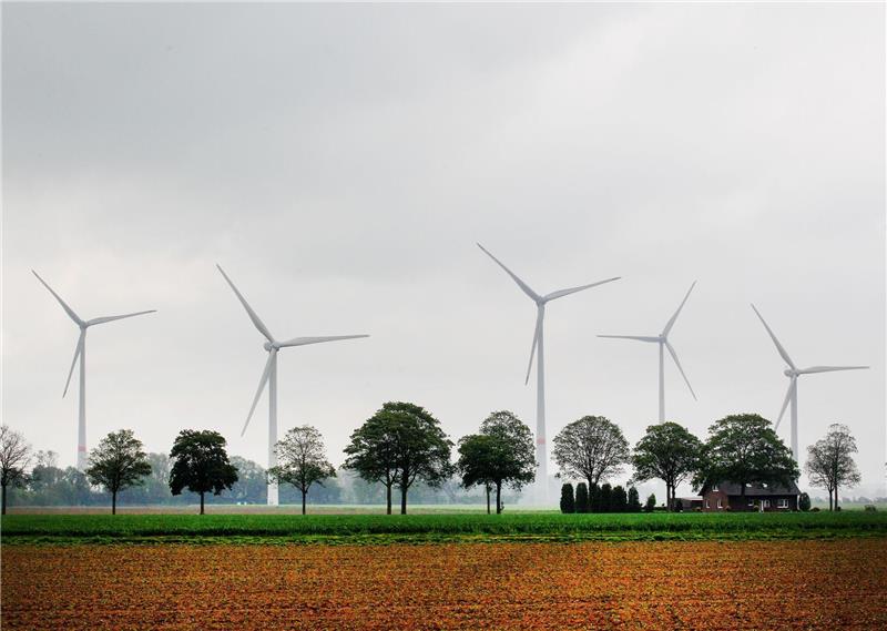 Deutsche Windindustrie weiter zuversichtlich Windkraftanlagen hinter Feldern.